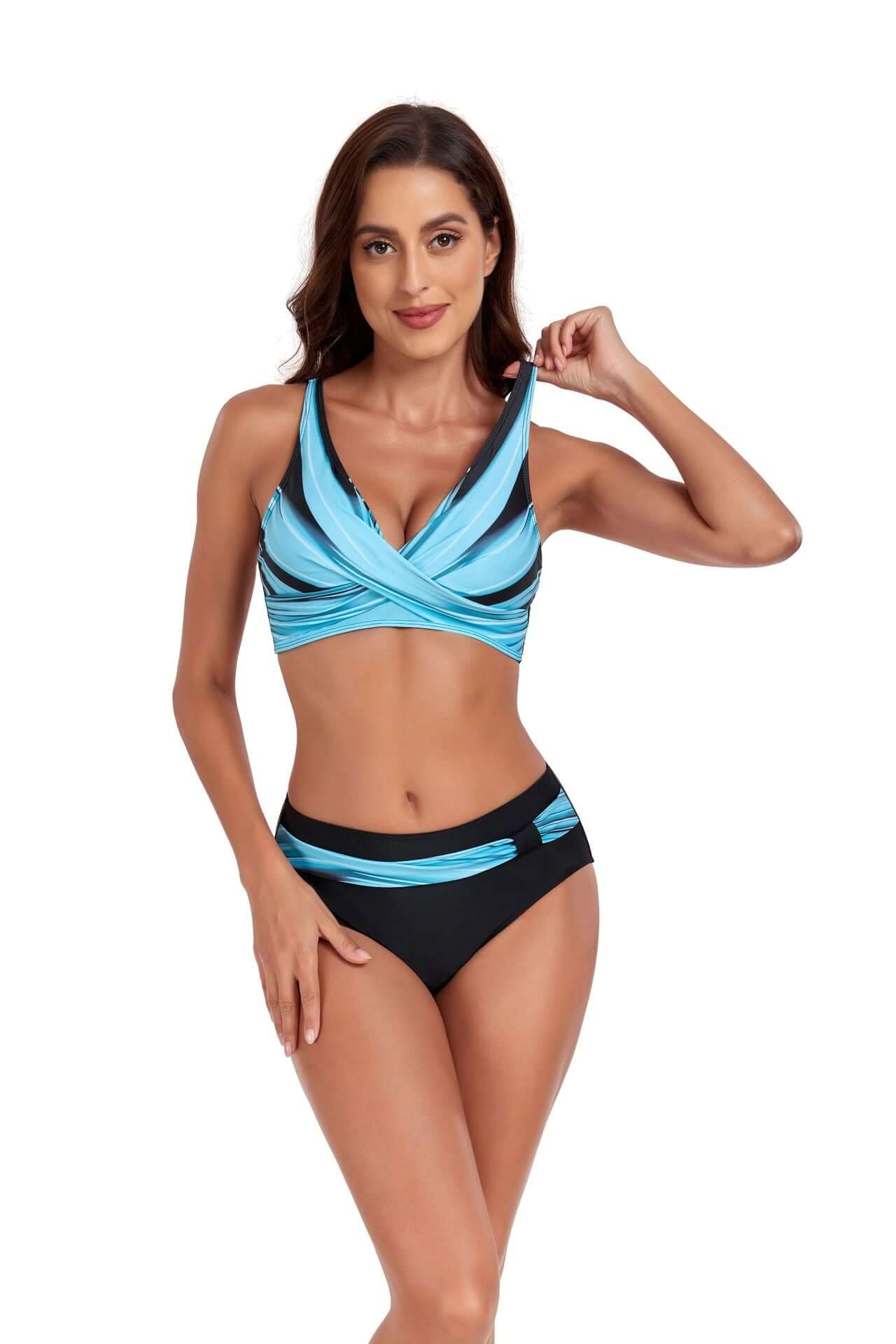 Stylish blue and black split bikini swimsuit for women, perfect for summer and beach activities.