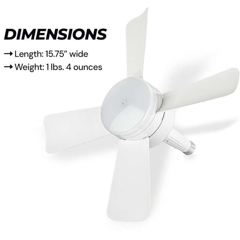 Dimensions of Socket Fan Light: 15.75" wide and weighs 1 lb 4 oz, showcasing its compact design.