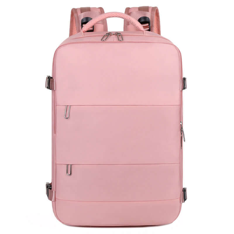 Stylish large-capacity pink backpack for women, ideal for travel, college, and business use.