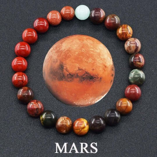 Fashion jewelry bracelet featuring matte stone beads themed after Mars, showcasing vibrant colors and geometric design.