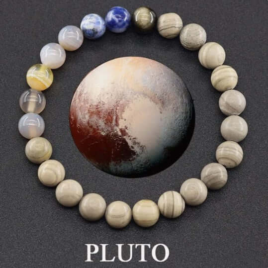 Pluto-themed bracelet showcasing geometric stone beads in various colors, designed for couples and minimalists.