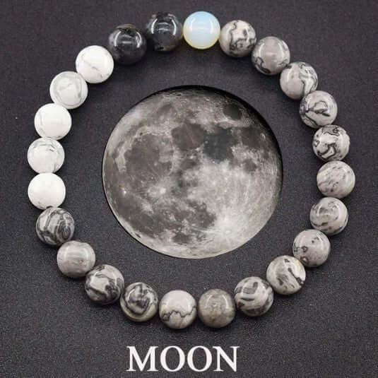 Matte stone beads bracelet with moon design, featuring gray, white, and blue beads, stylish unisex accessory.