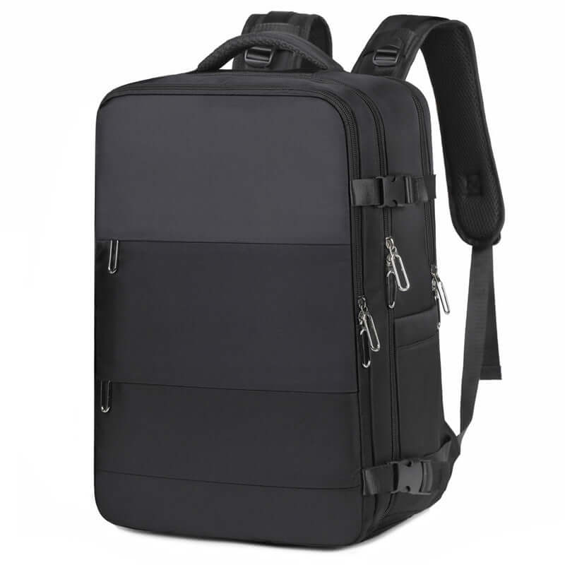 Large-capacity black travel backpack for women, designed for comfort and style, ideal for college and business use.