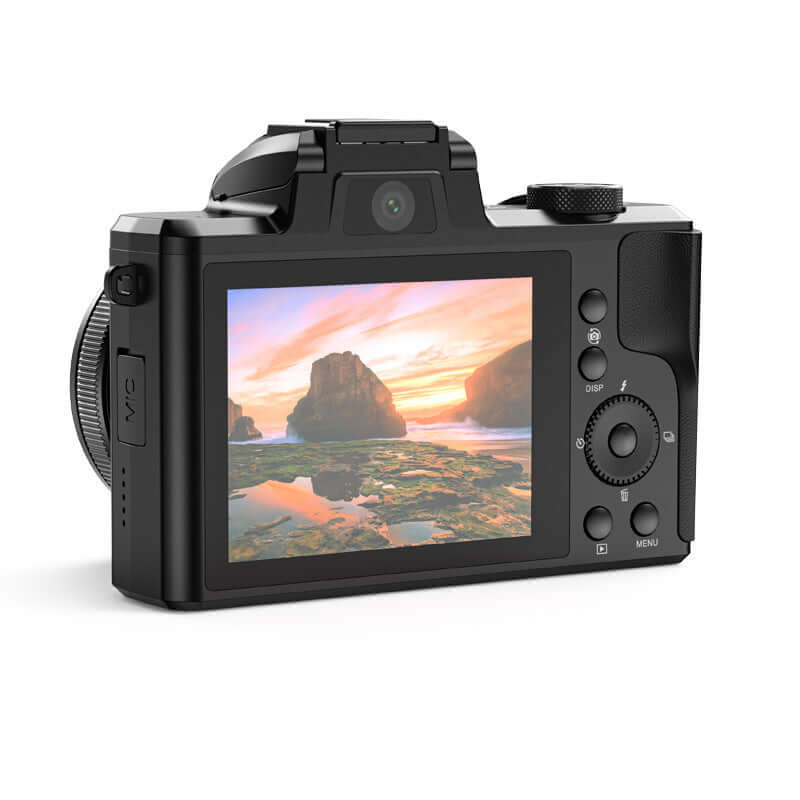 Retractable HD digital optical zoom camera with dual lens, showcasing Full HD screen and sleek design.