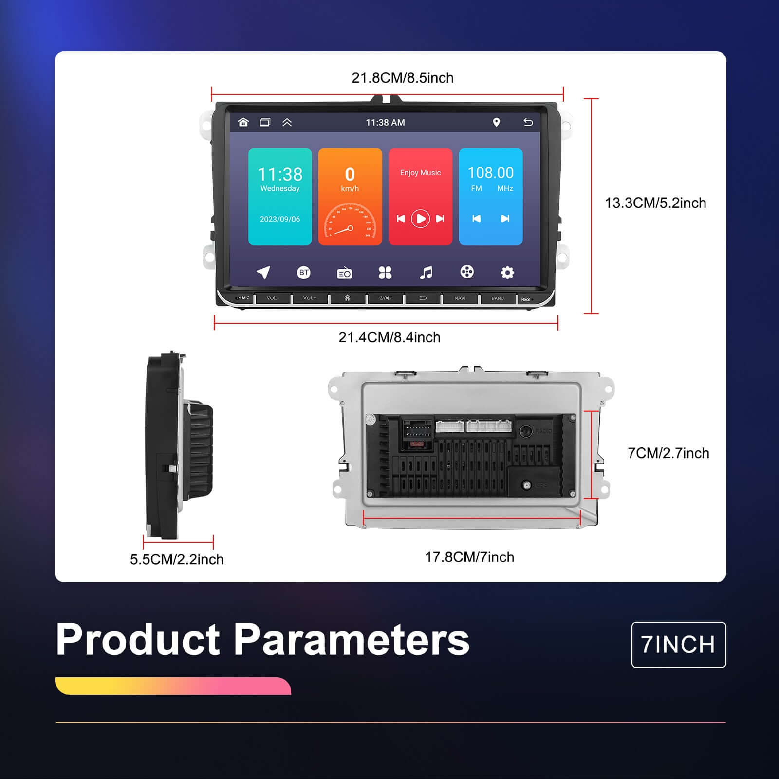 7-inch car mounted central control with large screen, showing front and back views, dimensions, and key features.