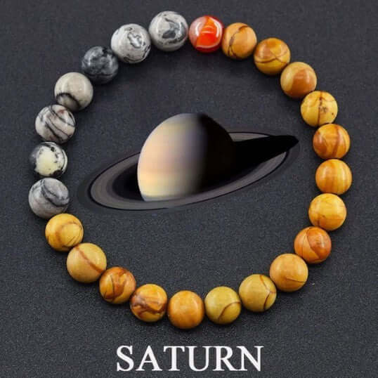 Fashion jewelry couples bracelet featuring matte 10mm stone beads with Saturn design. Elegant unisex elastic bracelet.