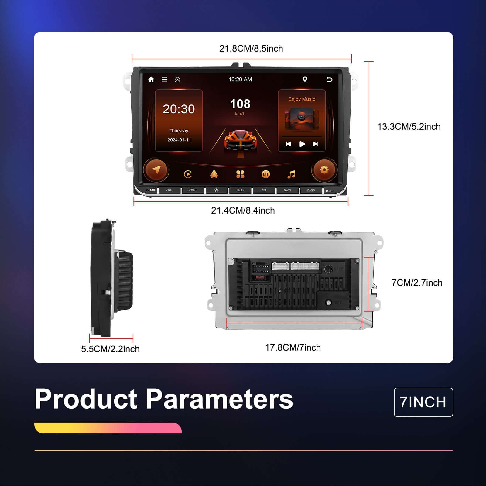7-inch vehicle navigation player dimensions with display, side, and back views, showcasing control features.