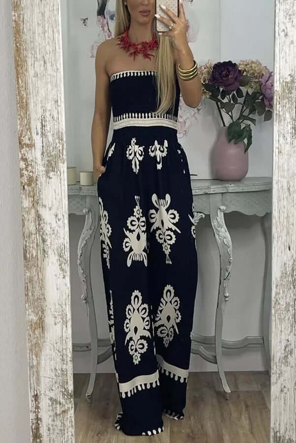Wrapped chest printed jumpsuit for women, featuring a high waist design and elegant pattern, perfect for casual outings.