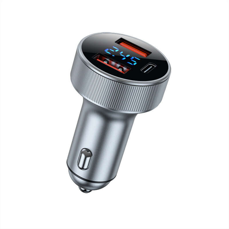 Multifunction car charger with 54W power, digital display, and three charging ports in black and iron gray.