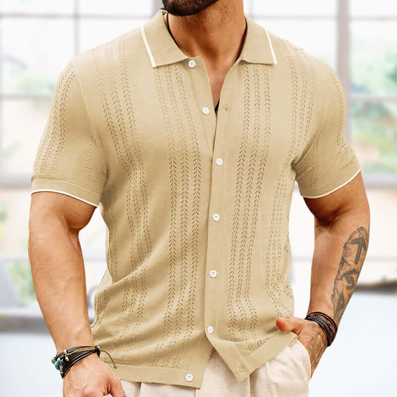 Men's short-sleeved polo shirt in beige with stylish button lapel, perfect for summer leisure wear.