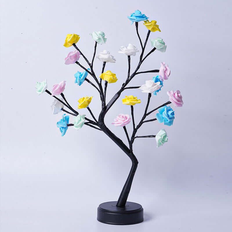 Colorful flower tree lamp with pink, blue, yellow, and white roses on a black base, perfect for romantic decor.