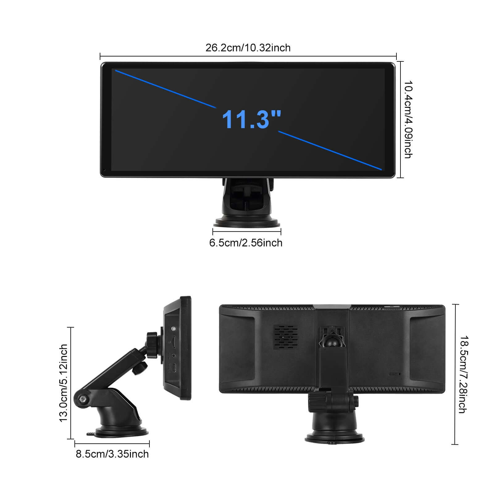 11.3-inch HD touchscreen car display dimensions with detailed measurements for installation and features.