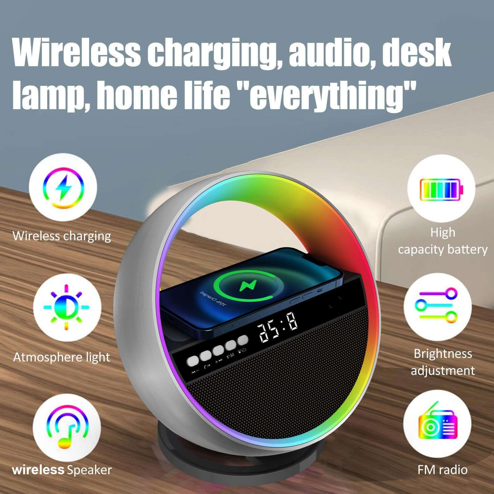 2024 New Multifunction RGB Night Light Wireless Charger Bluetooth Speaker Large G Ambience Light Home Decor - DBMP (Electronics And More Store)