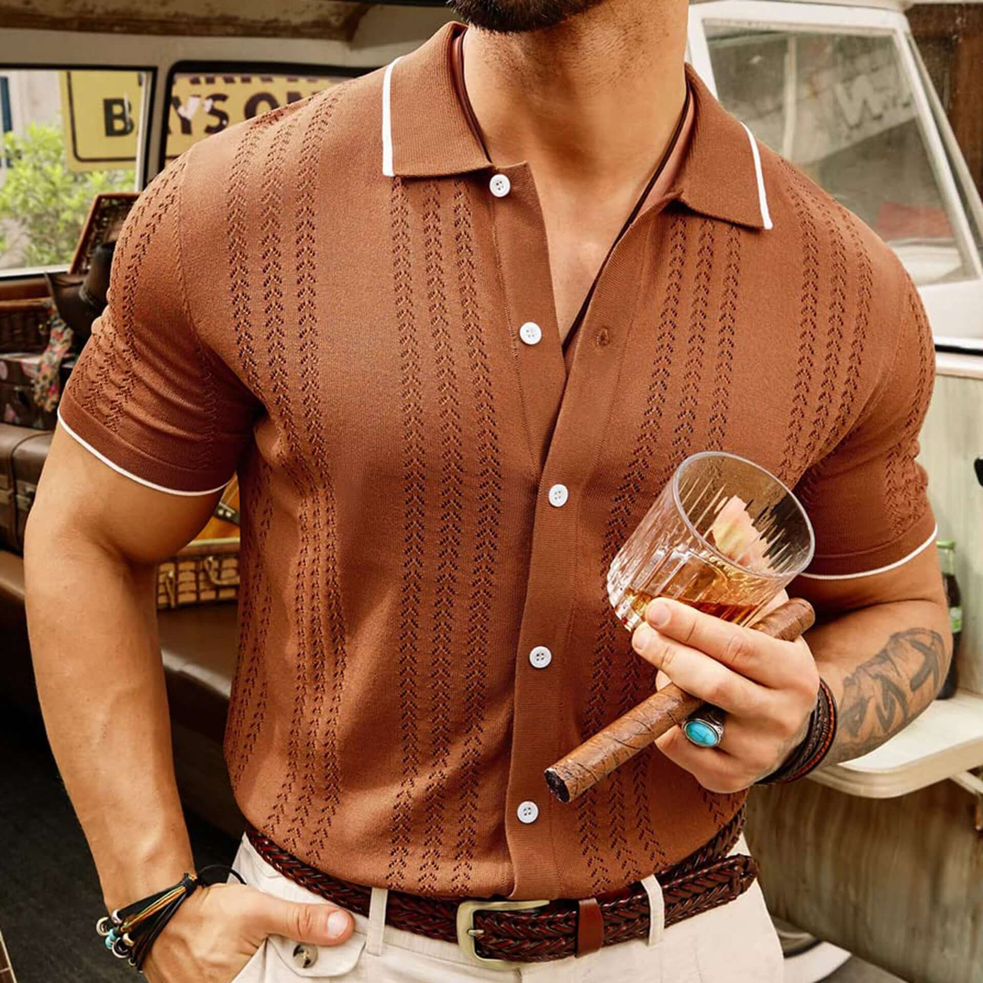 Brown short-sleeved polo shirt with unique design, stylish look, perfect for summer business attire.