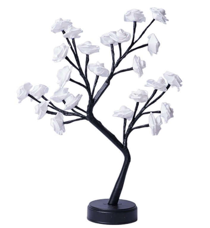 White rose tree lamp on black base, USB operated, perfect for romantic decorations and gifts.
