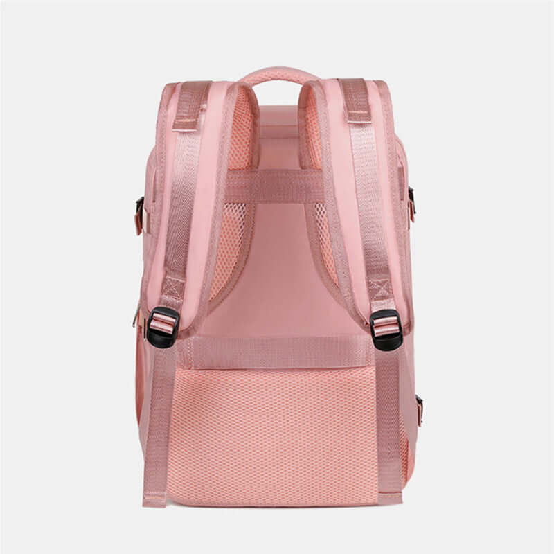 Large-capacity pink travel backpack for women, featuring lightweight design and comfortable mesh back support.