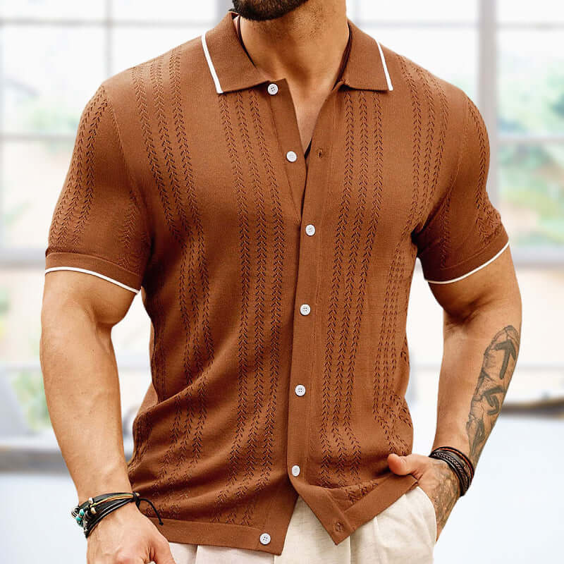 Men's brown short-sleeved polo shirt with button lapel and unique design, perfect for summer casual wear.