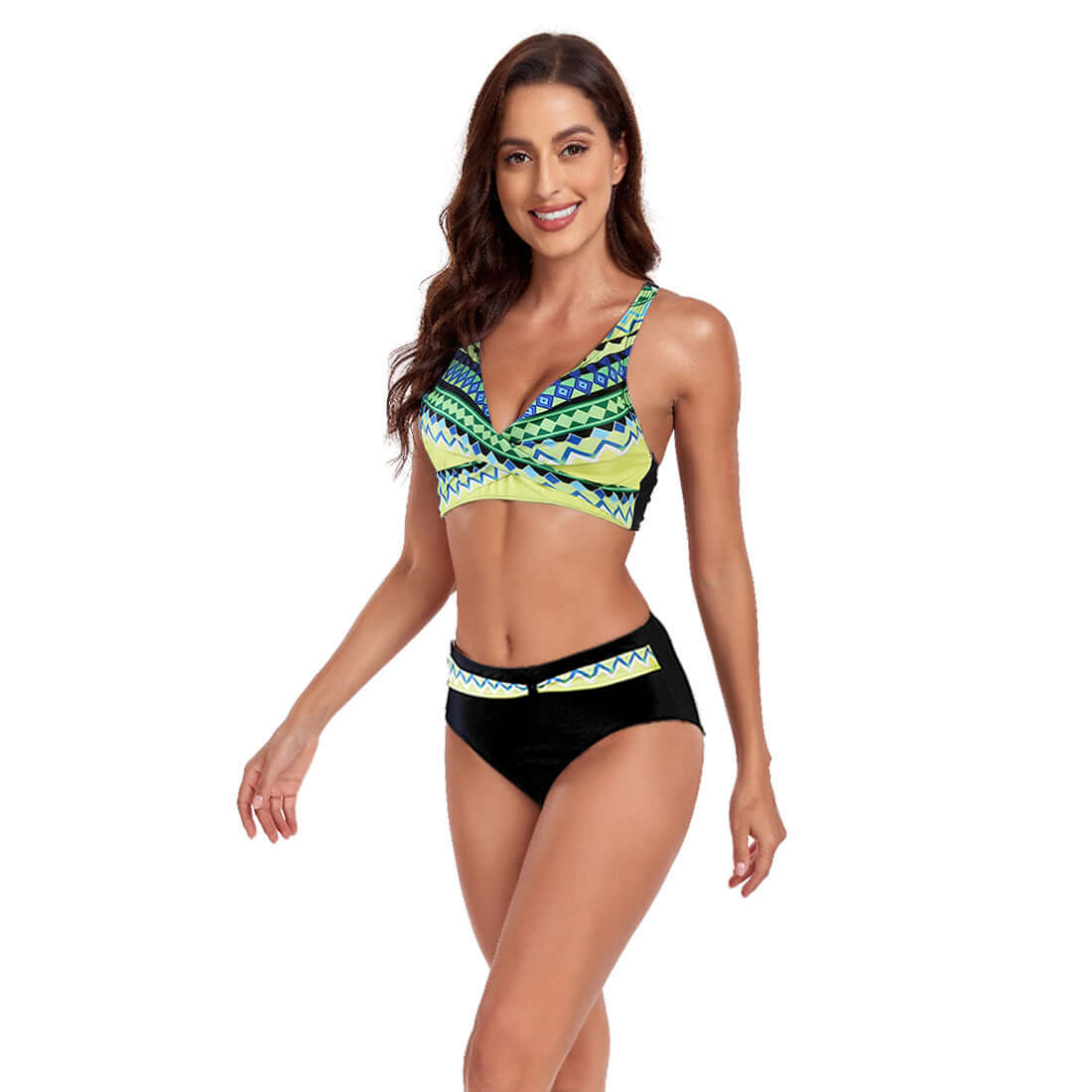 New Beach Split Swimsuit for women, featuring a stylish halter bikini design in vibrant green and black patterns.