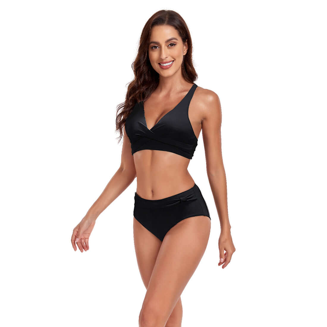 Model wearing a sexy black halter bikini swimsuit, showcasing a stylish split design for summer swimming.