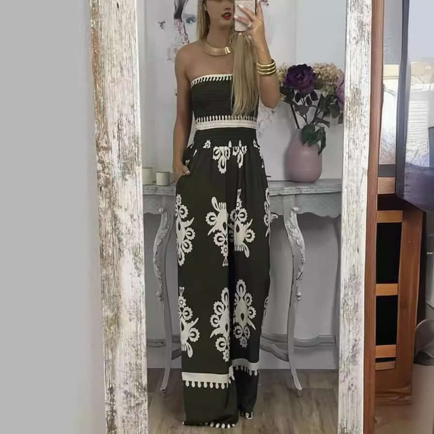 Wrapped chest printed jumpsuit for women with high waisted casual pants in dark green, featuring floral patterns.
