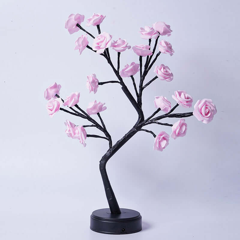 USB operated rose tree table lamp with pink flowers, perfect for romantic decor and gifts.