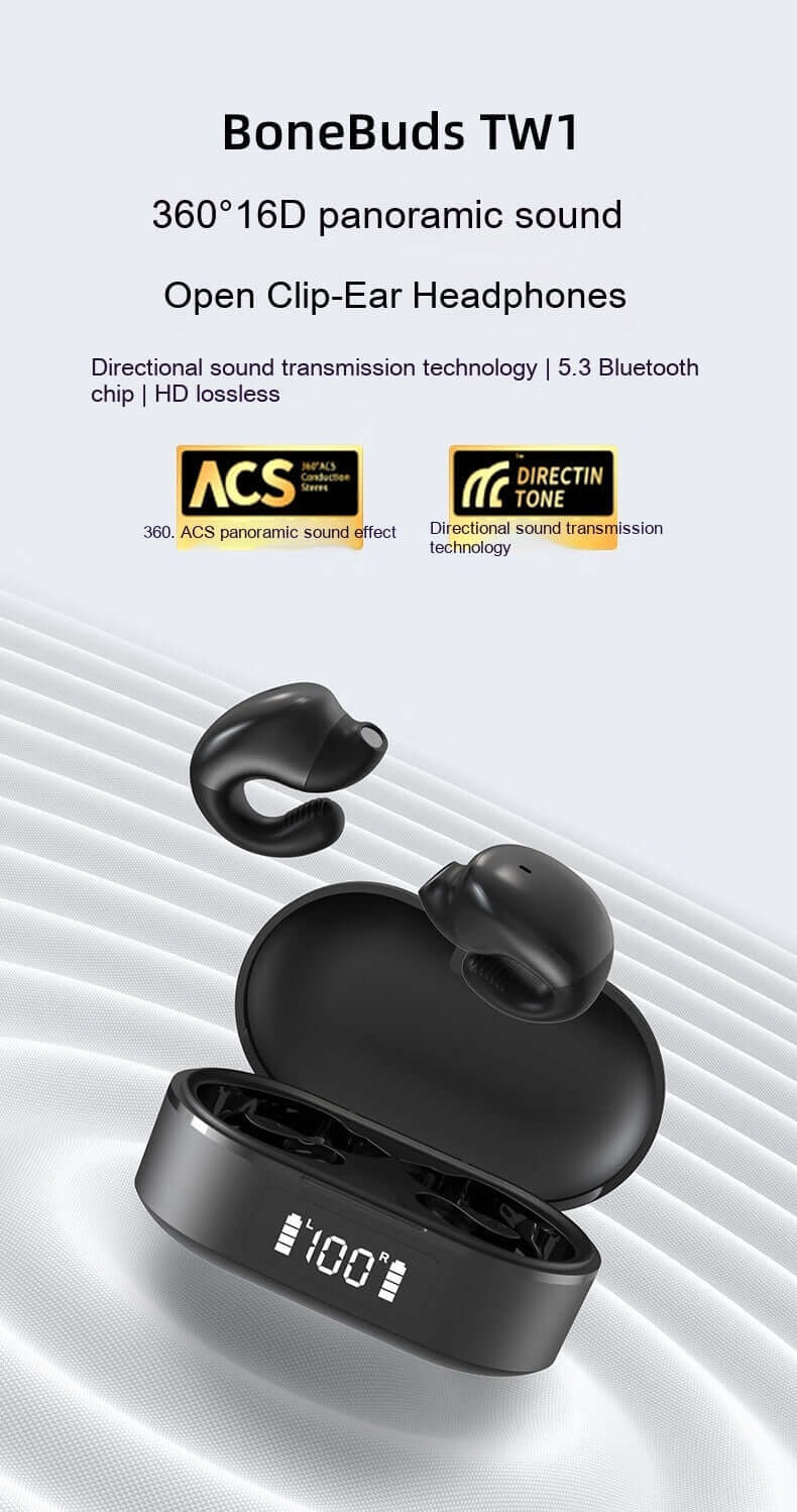 BoneBuds TW1 clip-ear headphones with 360° panoramic sound and 5.3 Bluetooth technology.