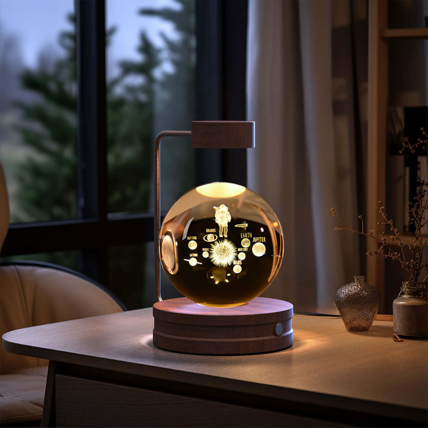 Crystal ball dinosaur night light on wooden base, creating a cozy ambiance in a stylish room.