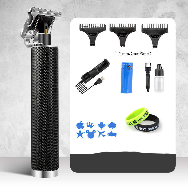 Professional electric hair clipper with comb attachments, cleaning tools, and accessories for precise hair trimming.