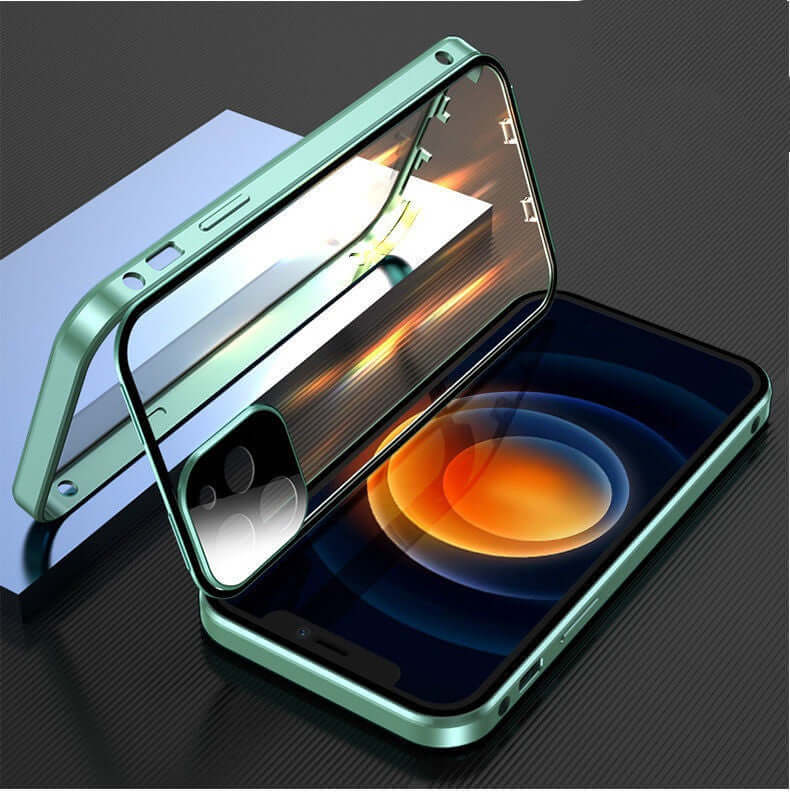 Metal frame double-sided glass phone case in green, showcasing sleek design and compatibility with iPhone models.