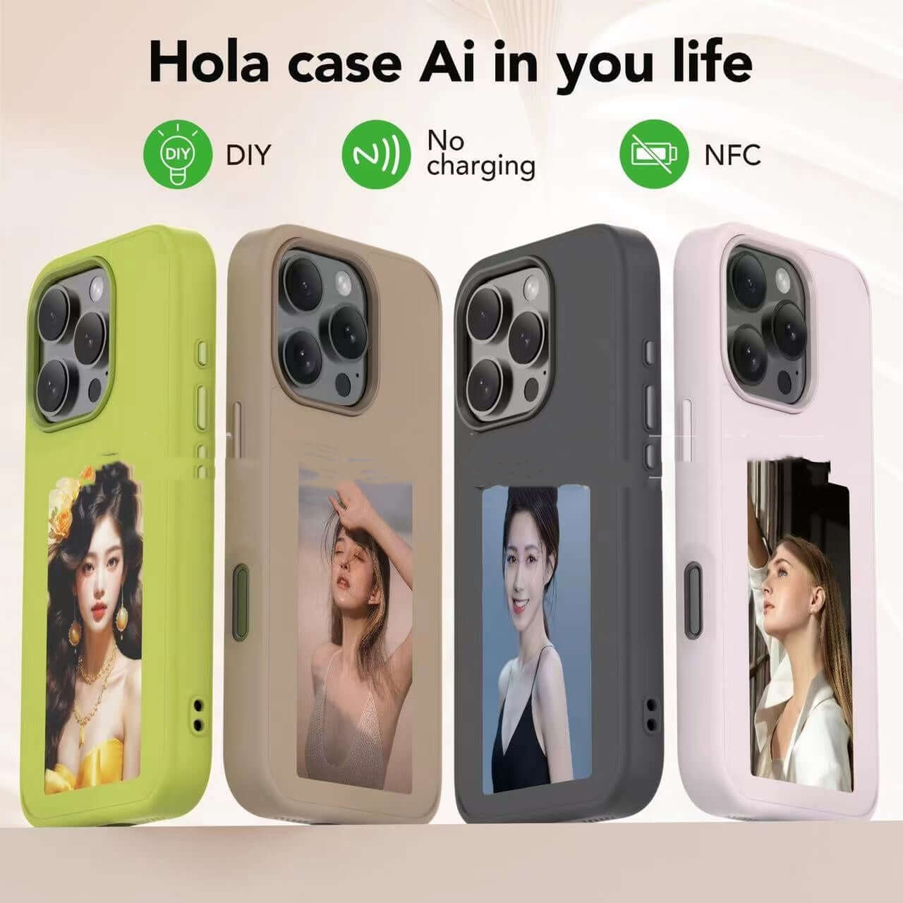 Four colorful DIY phone cases with AI features, showcasing images of women, compatible with iPhone models.