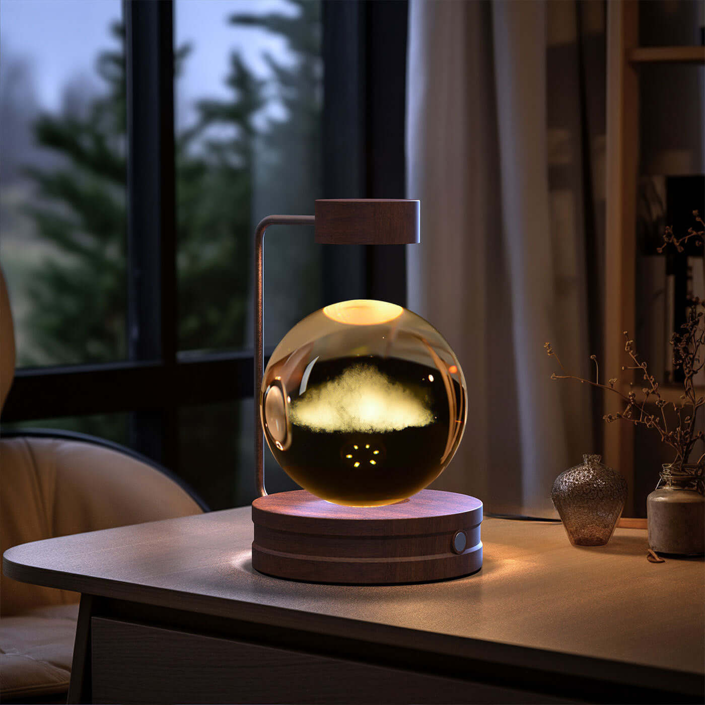 Crystal ball cosmic dinosaur night light on wooden base, creating a warm ambiance for indoor spaces.