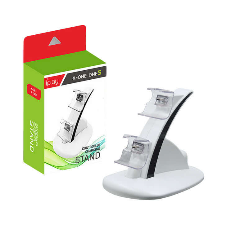 Plastic two-seater controller charger docking station with packaging for Xbox controllers.
