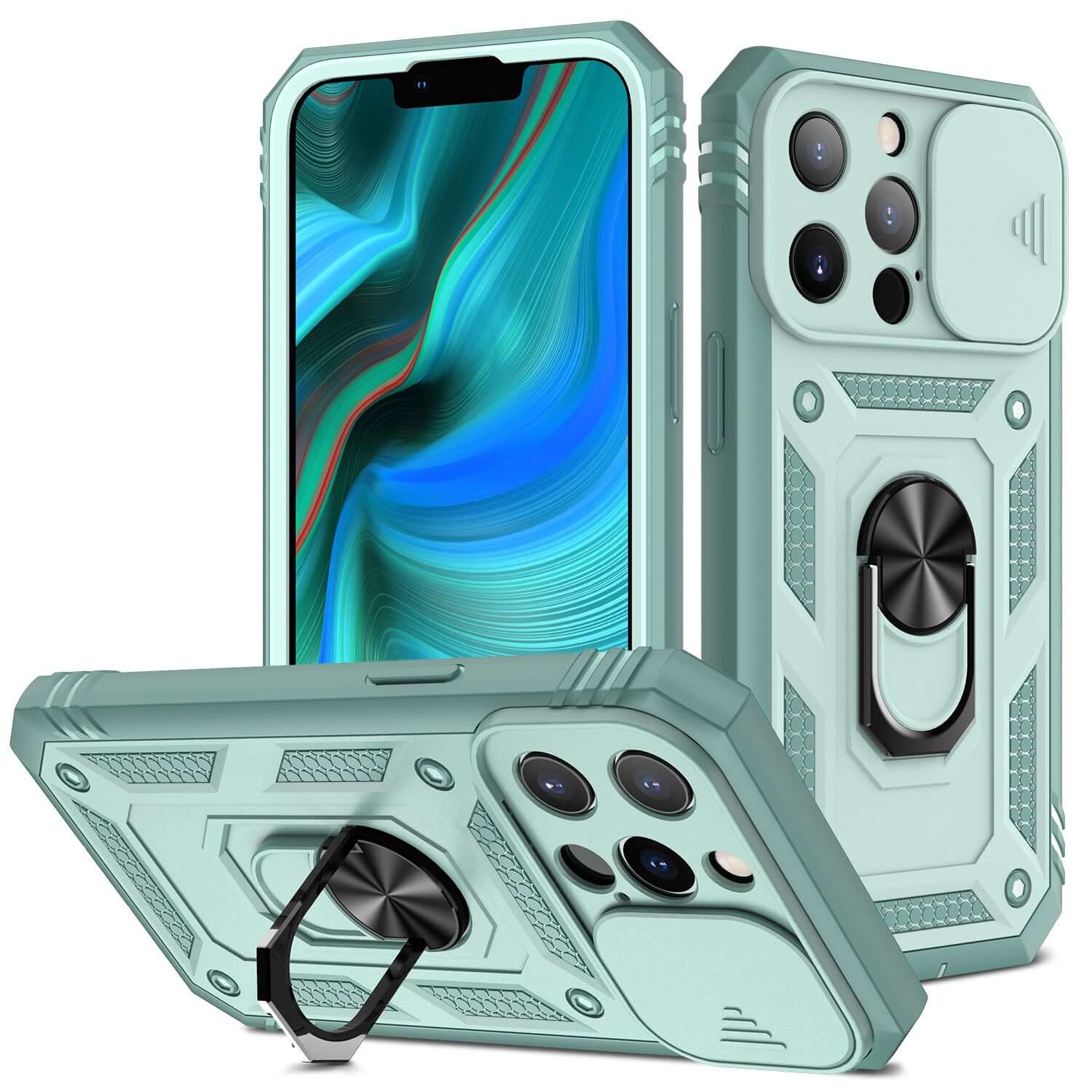 New sliding window magnetic phone case for Apple with TPU+PC material, styled in gray green, showcasing versatile design and durability.