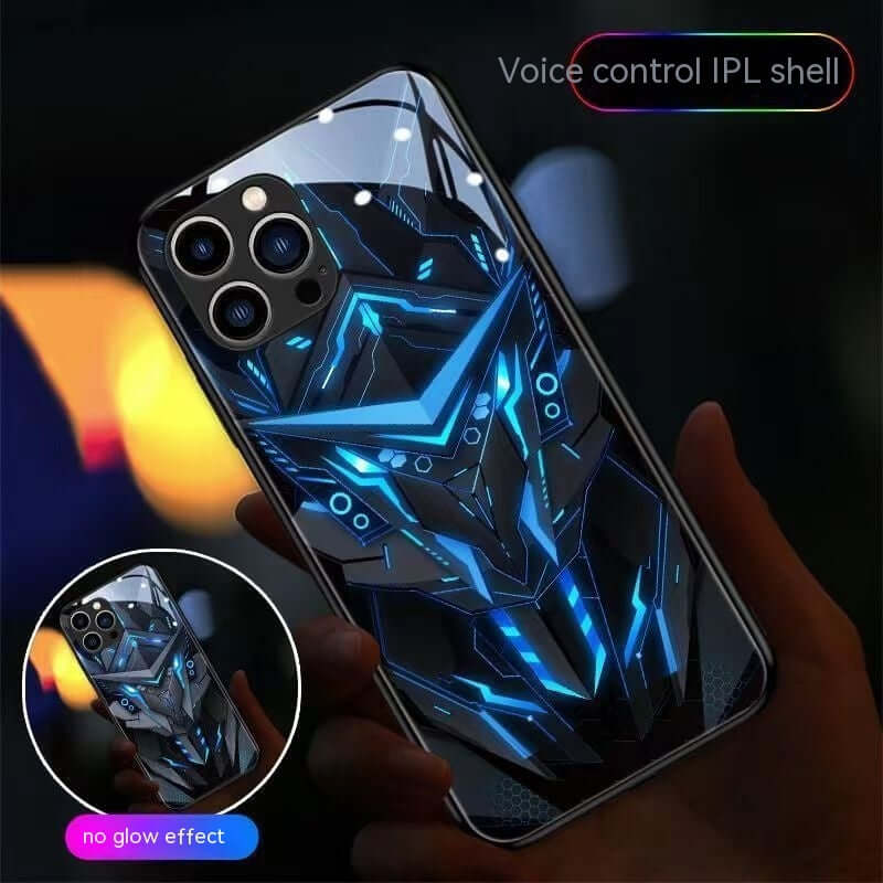 Stylish glass phone case featuring vibrant blue light-emitting mech design, suitable for Apple devices, anti-fingerprint.