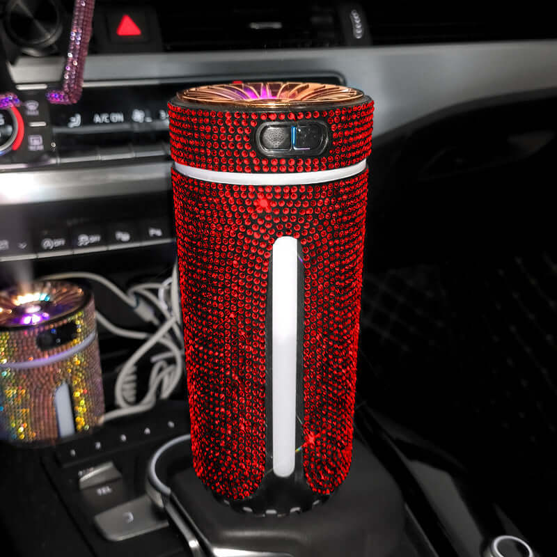 Luxury red crystal car humidifier with LED lights, perfect for aromatherapy and auto air purification.