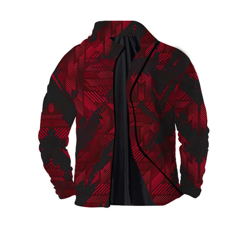 Men's 3D zipper jacket in red and black twill with abstract pattern, suitable for teenagers, available in various sizes.