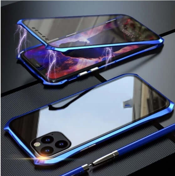 Glass magnetic king protective cover for iPhone 11 in blue, showcasing a sleek design with metal edges and a shiny surface.