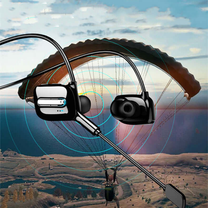 Bluetooth wireless headset designed for sports, featuring dual microphones, showcased in an adventurous outdoor setting.