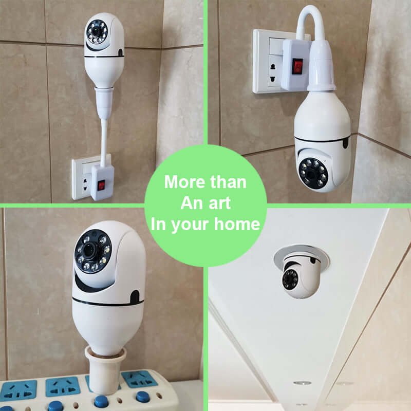 WiFi camera bulb with 1080P resolution, mounted on various surfaces, showcasing design and functionality.