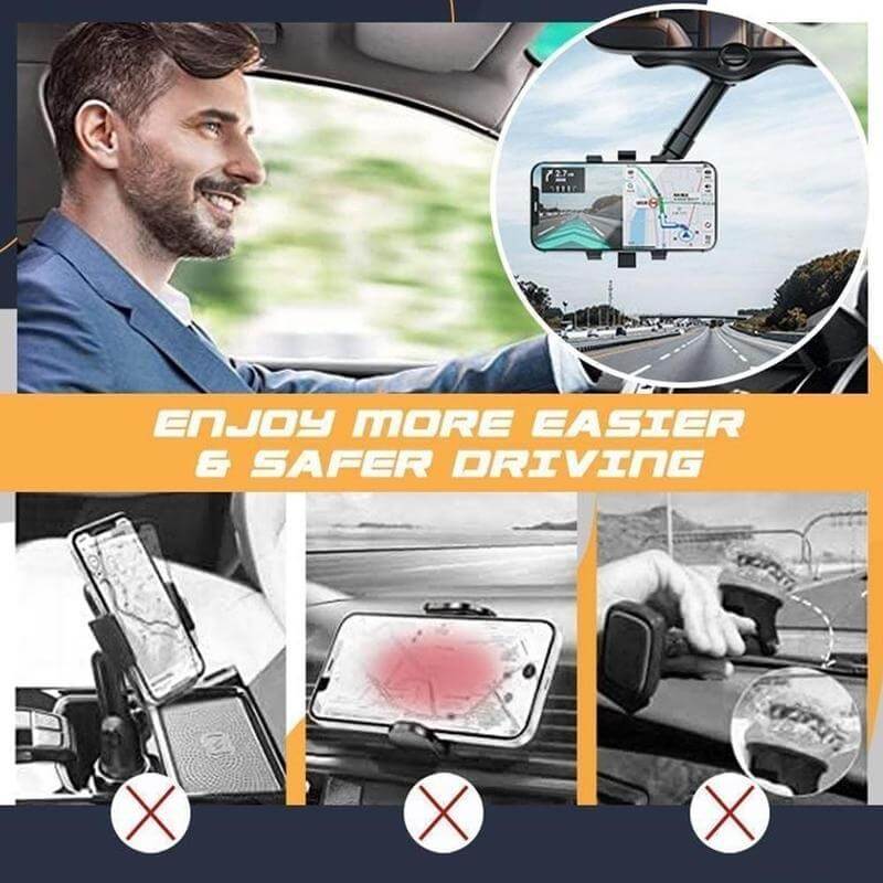 Man enjoying safe driving with a rearview mirror phone holder, showcasing easy navigation and comfort.