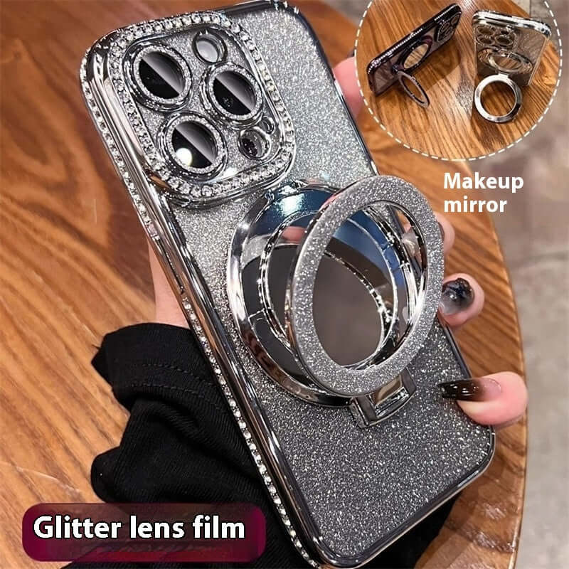 Glitter phone case with makeup mirror feature for iPhone, showcasing stylish design and protective overlay.
