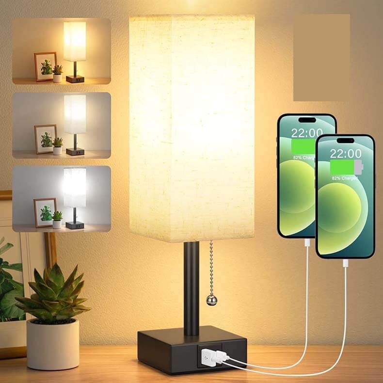 Bedside table lamp with three brightness levels, USB charging ports, and pull chain, ideal for reading and relaxation.