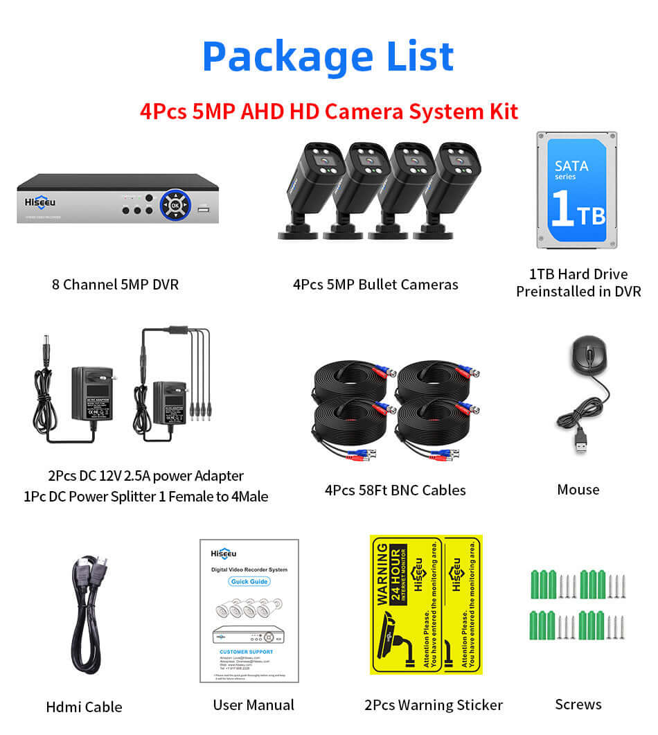 Package list for 4Pcs 5MP AHD HD camera system kit, including DVR, cameras, cables, and accessories.