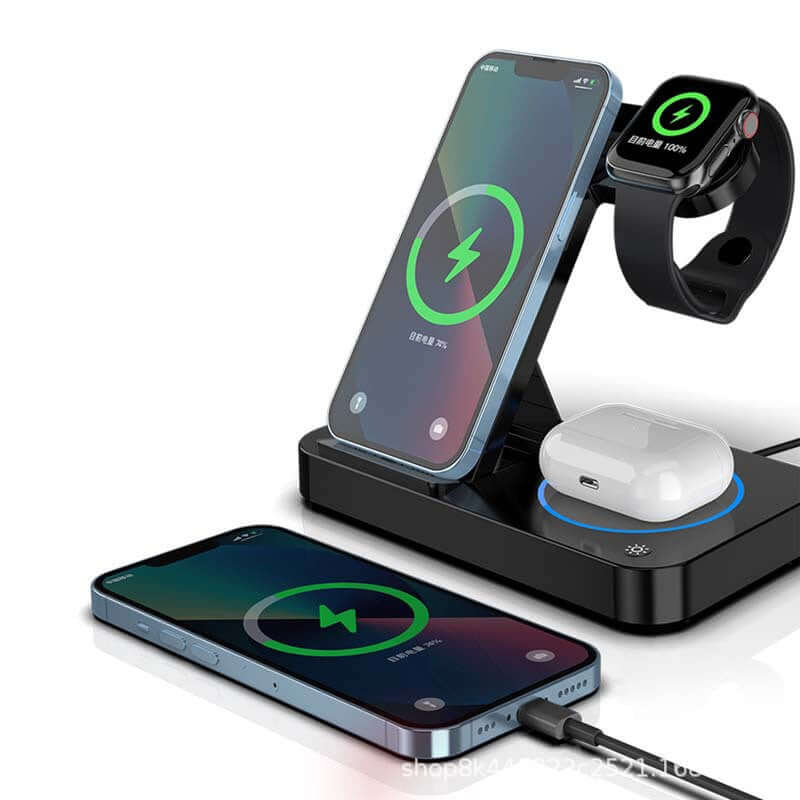 Folding three-in-one wireless charging stand with two mobile phones and a smartwatch charging simultaneously.