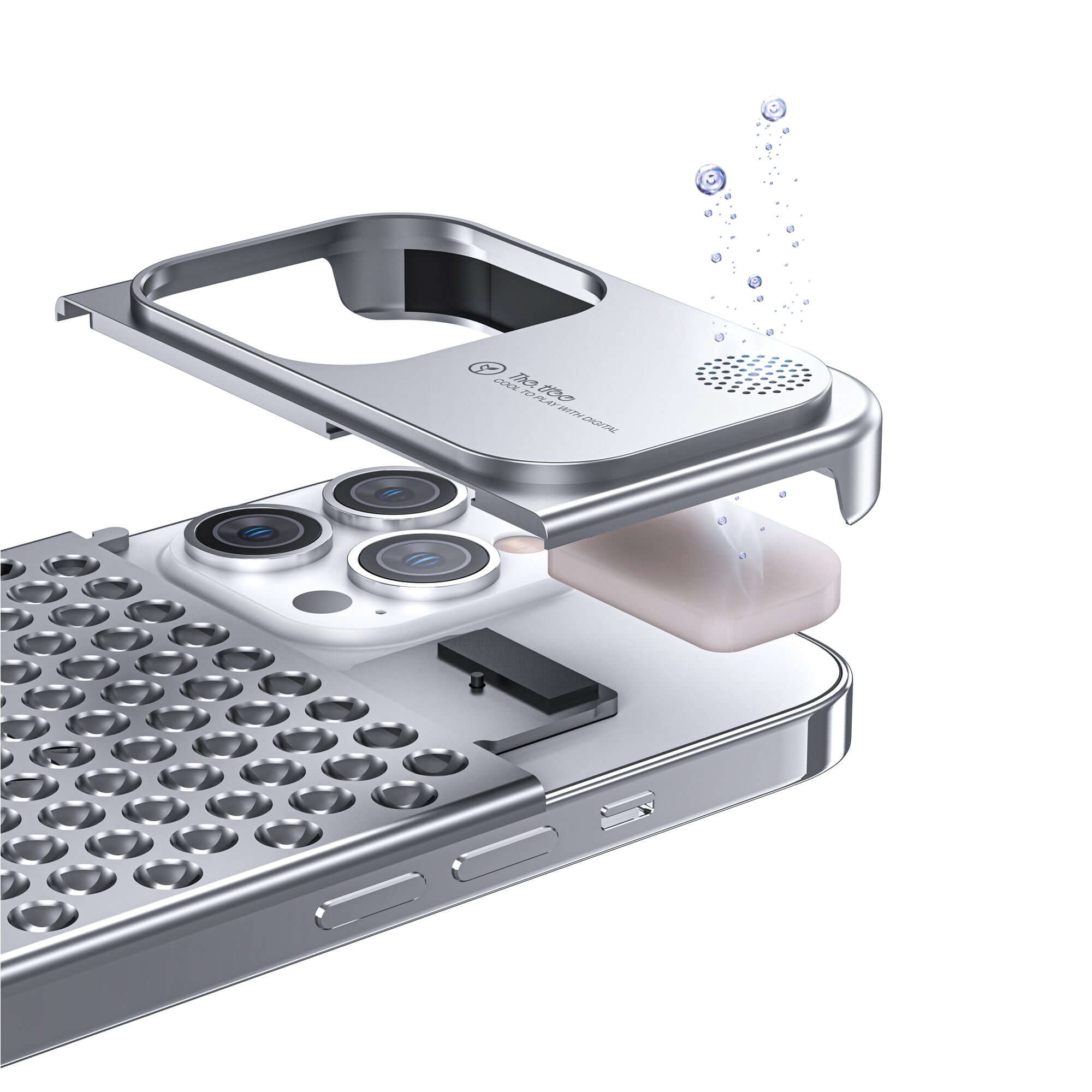 Aluminum alloy phone case being installed, featuring aromatherapy tablet for enhanced fragrance and heat dissipation.