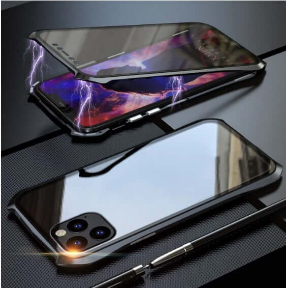 Glass magnetic king protective cover for iPhone 11 in black, showcasing sleek design and durable metal material.