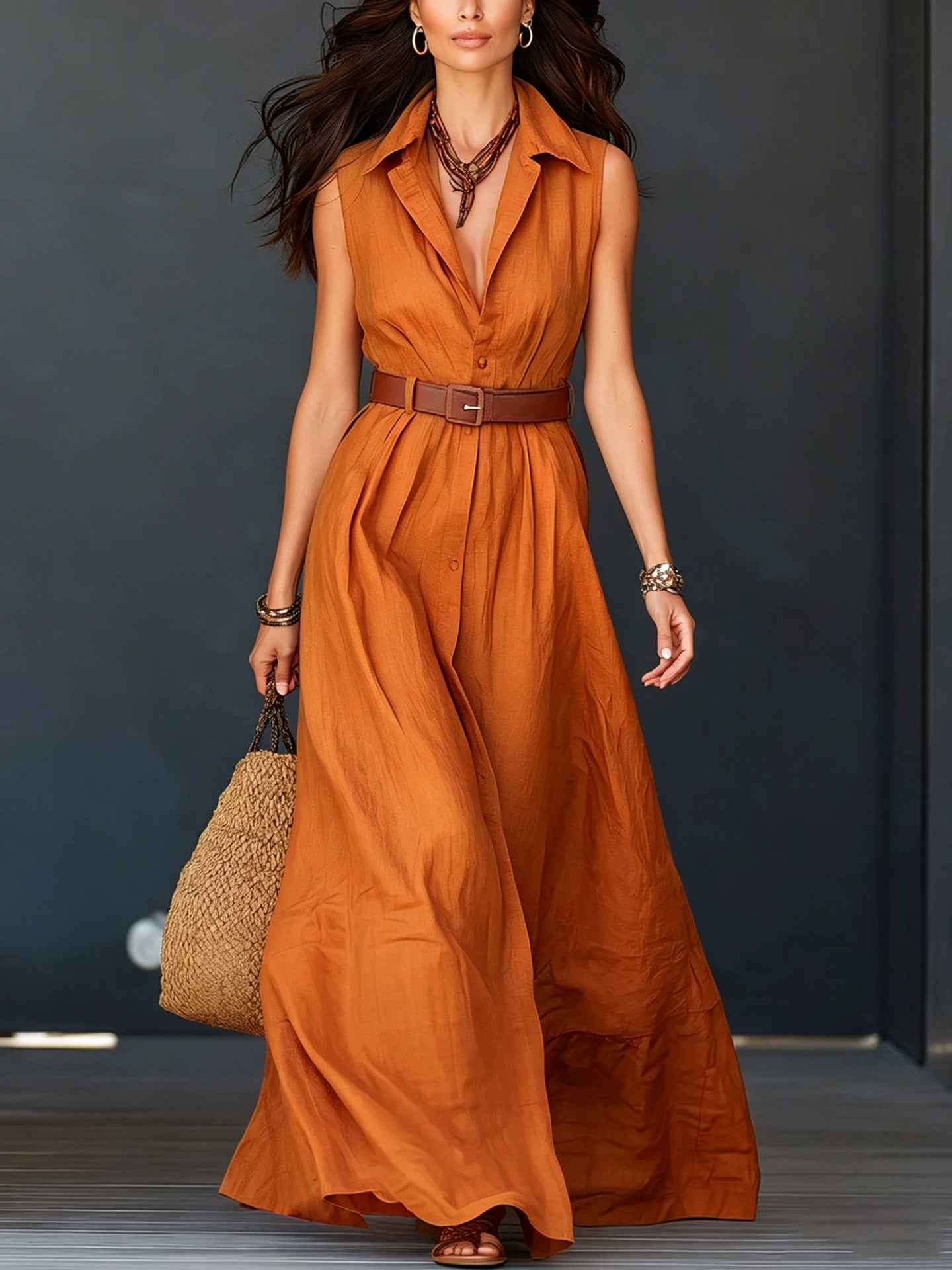 Sleeveless Lapel-neck Waist-cinching Shirt Dress