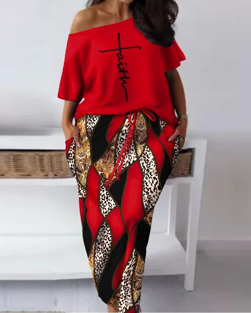 Women's Baroque Leopard Print Diagonal Collar Drawstring Skirt Suit - DBMP (Electronics And More Store)