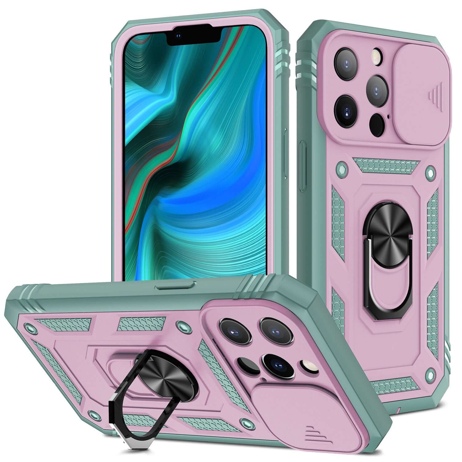 New magnetic mobile phone case in pink and green with sliding window bracket for Apple smartphones.