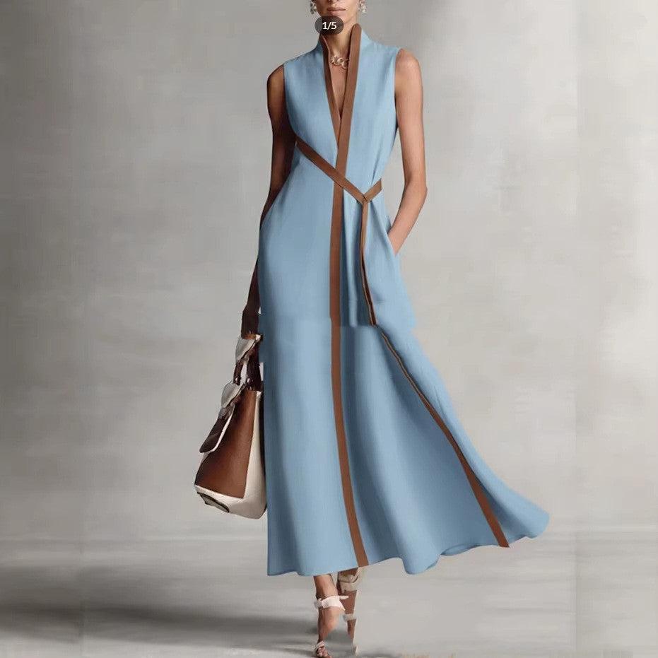 Stand-up Collar Sleeveless Casual Contrast-color Loose Dress